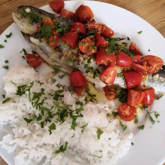Photo of Roast trout with tomato and barberry salsa
